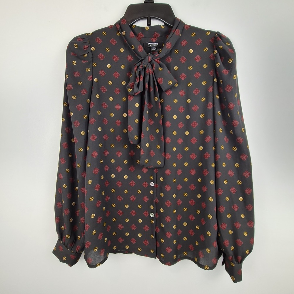 Premise Studio Women's Black Geometric‎ Print Blouse XS Neck Tie Workwear Button